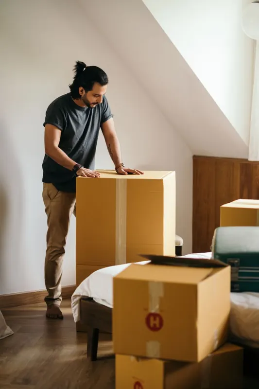Mover packing household items into cardboard boxes